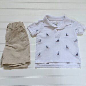 Ralph Lauren White Polo w/ Emb. Sailboats & Khaki Chino Shorts Outfit Boys 12/18